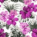 Seamless pattern Exotic hawaiian tropical hibiscus flowers